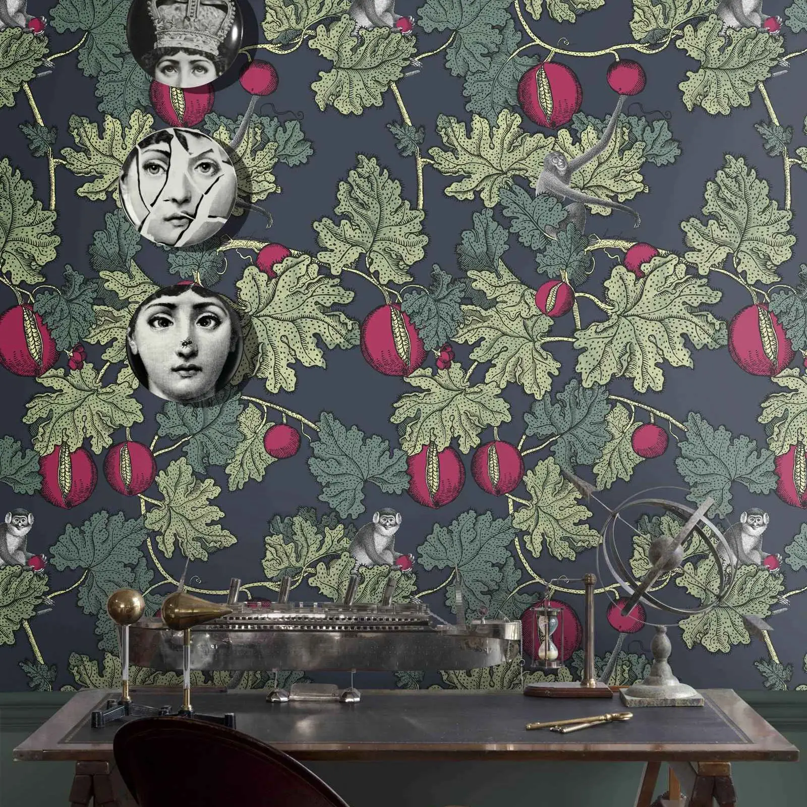 Mischievous Monkeys and fruit Wall Paper, Frutto Proibito Green and Dark Wallpape, Scandinavian design, removable Wallpaper