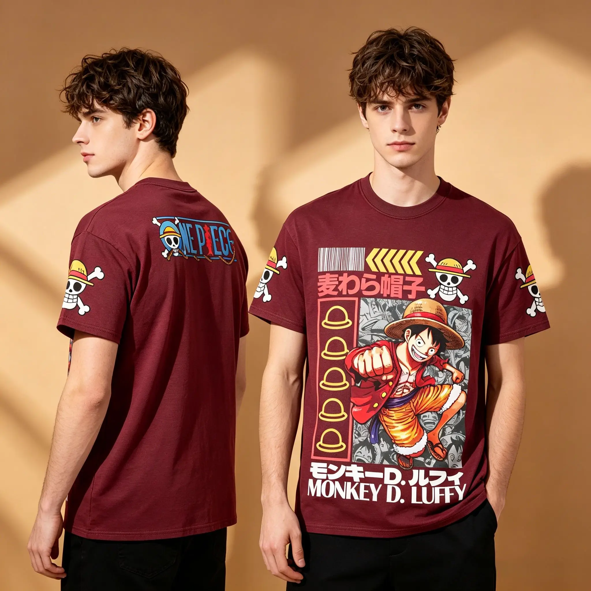 Herren-T-Shirt „One Piece Monkey D. Luffy Straw Hat Pirates“ mit japanischem Text und Ärmeldruck, Rundhalsausschnitt, Burgunderrot, Vintage Otaku Stre – Detail 4