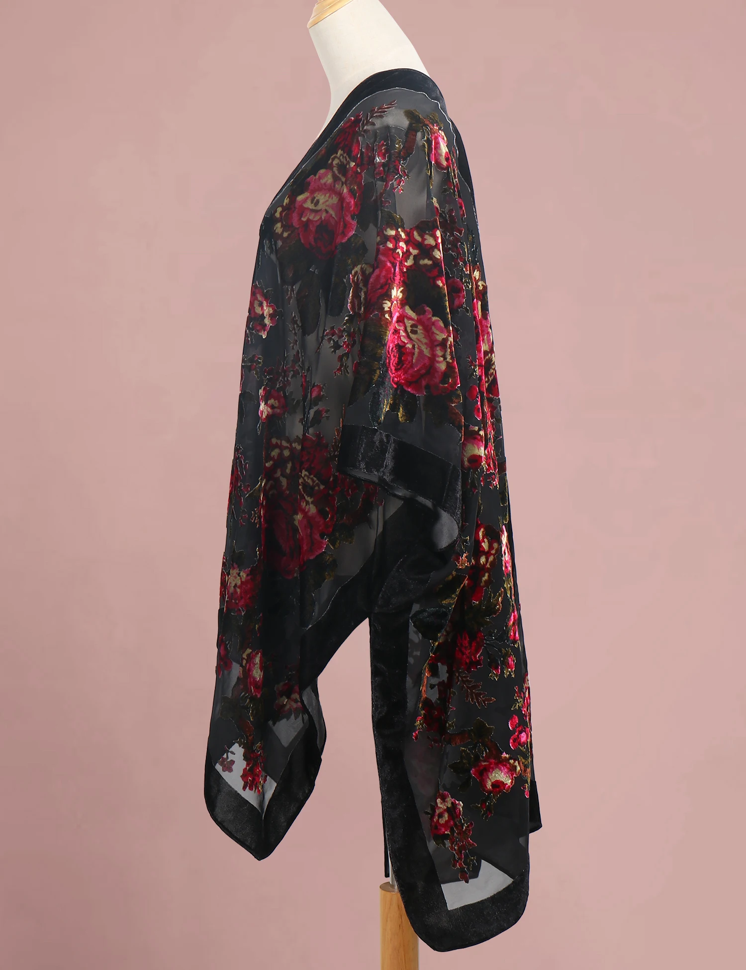 WeHello ผู้หญิง Burnout กํามะหยี่กิโมโนสีดํายาวเสื้อสเวตเตอร์ถักวันหยุดสบายๆเสื้อสเวตเตอร์ถัก Shawl Oversize Tops