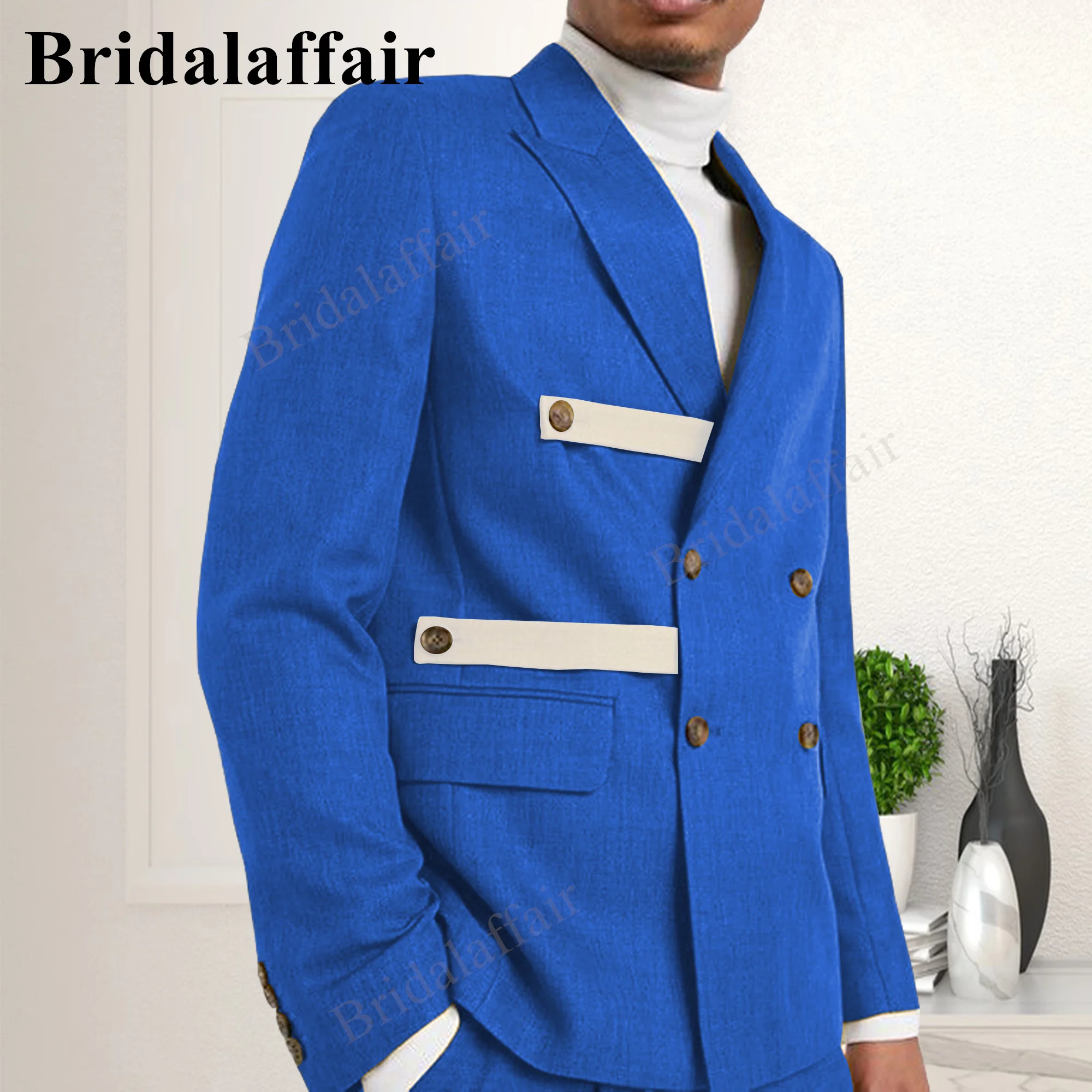 

Bridalaffair Royal Blue Tailor Made Men Suit With White Band Slim Fit 2 Pieces Formal Elegant Business Groomsmen Wedding Clothes