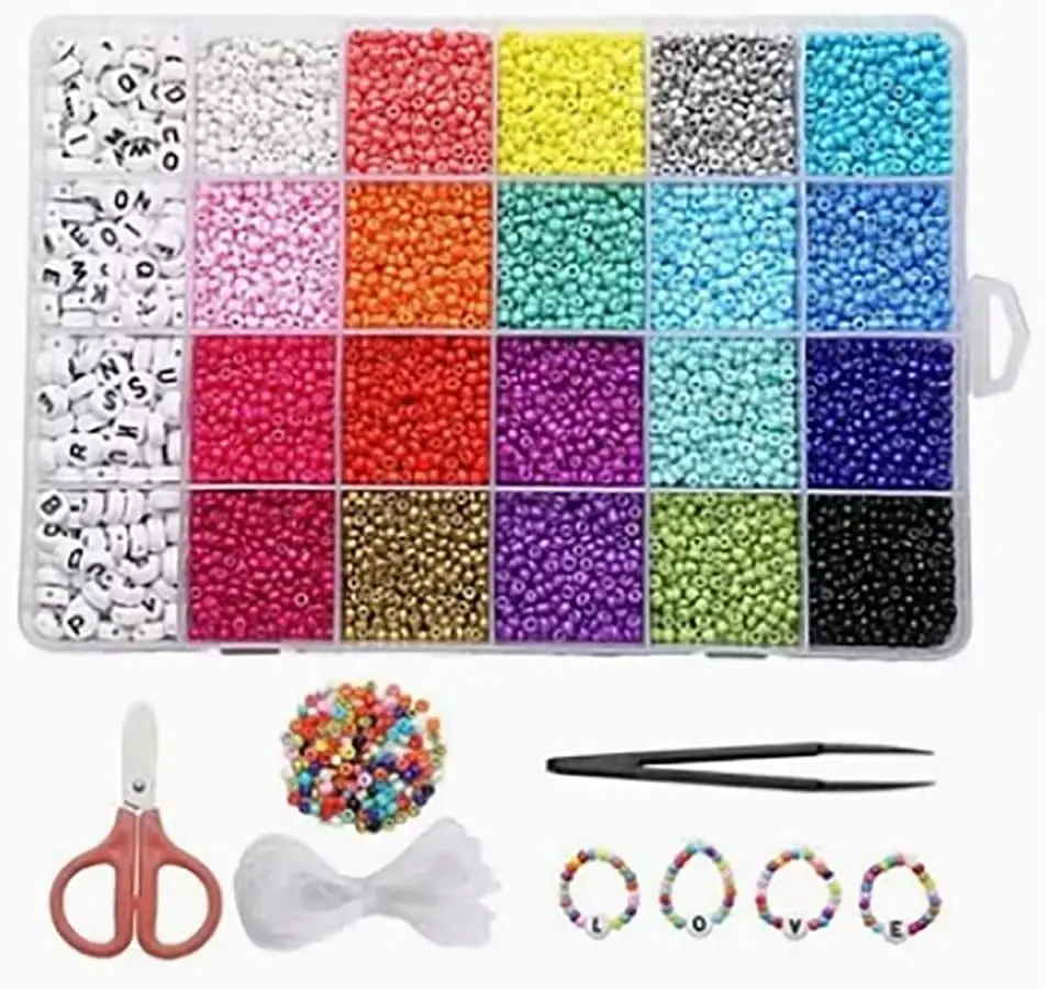 7700pcs Multicolor Seed Beads,Letter Beads And Pony Beads 24-Grid Bead Kit Set Rope Mini Seed Beads Set with scissors 3mm