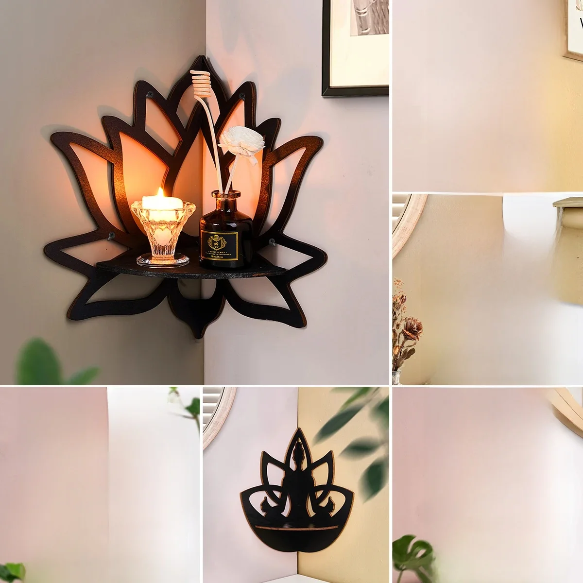 1-delig creatief eenvoudig nagelwandopbergrek (zonder spijkers), zwarte eenvoudige lotusvormige wanddecoratiehangers, DI - afbeelding 2