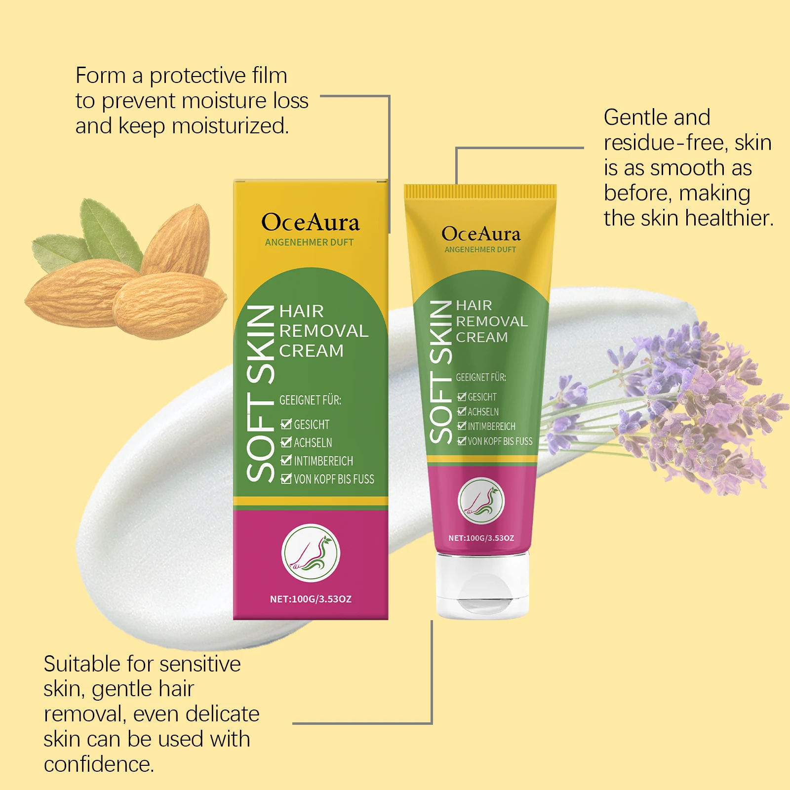كريم إزالة الشعر من Oceaura كريم منعش غير مزعج للبشرة اللطيفة لتقليص المسام كريم إزالة الشعر الناعم المهدئ لجميع أنواع البشرة