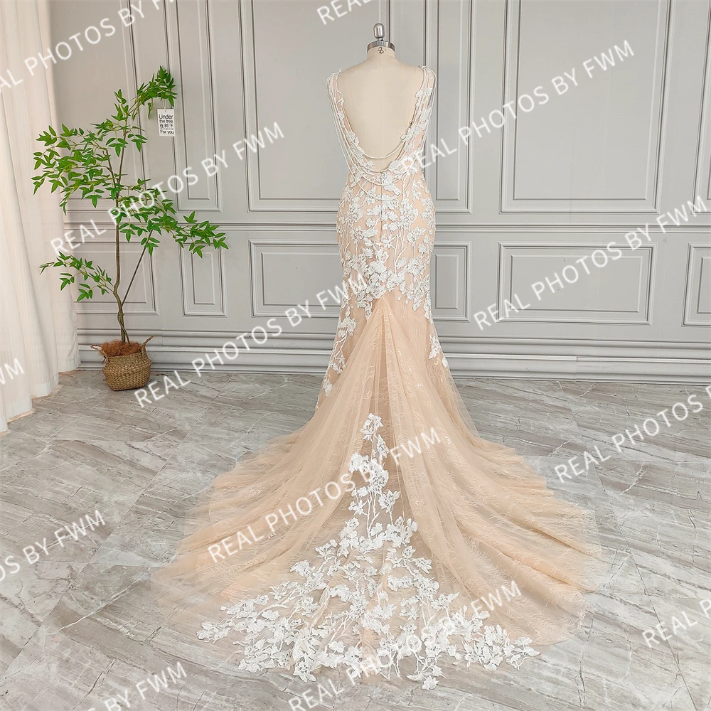 13900# 100% Real Photos Stunning V-neck Beading Lace Mermaid Wedding Dress For Bride Backless Bridal Gown With Glittering Tulle