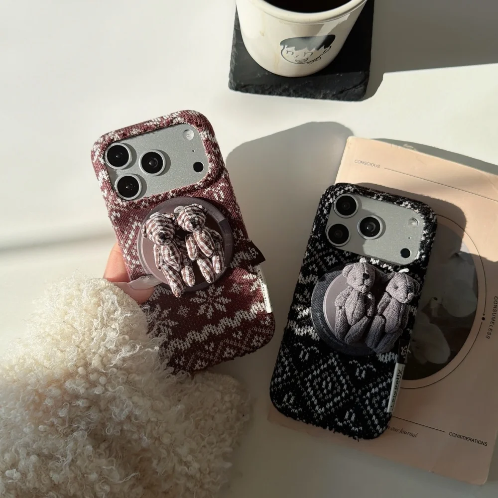 

Fashion creative velvet doll bear with for magsafe holder phone case for iPhone17 16 ProMax 13 14 15 Pro fundas new shockproof