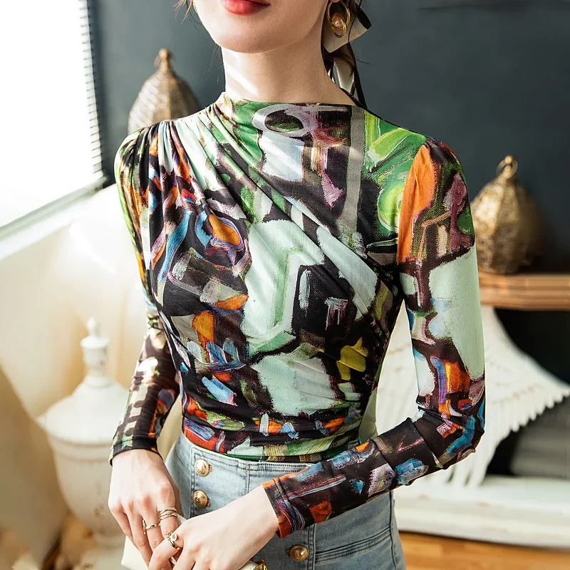 Damskie koszulki z golfem Slim miękkie t-shirty Lady składane elastyczne topy koszulki damskie wysokiej jakości modny nadruk siateczkowy T-Shirt — zdjęcie 2