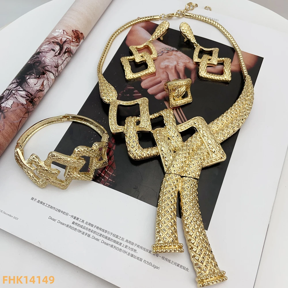 

Italian Gold Plated Women Jewelry Set Big Classic Design Necklace Earring Bracelet And Ring 4PCS Set Jewelry FHK14149