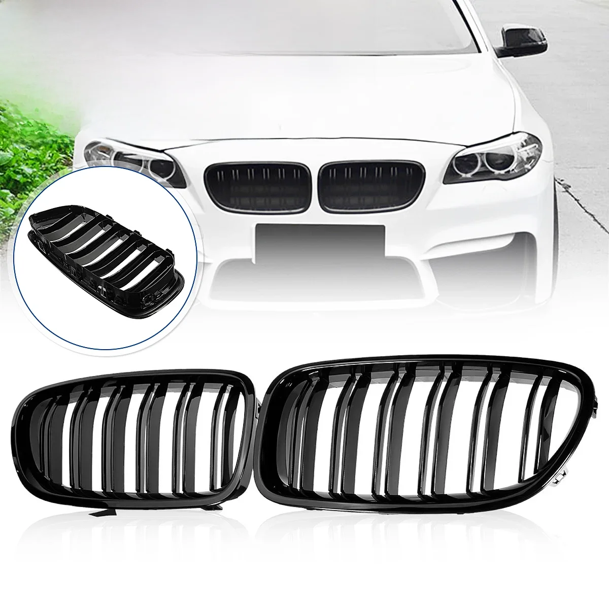 Glanzend Zwart Front Nier Dubbele Slat Grill Grille Voor BMW 5 Serie F10 F11 F18 2010-2017 Dual lijn Racing Grills - afbeelding 2