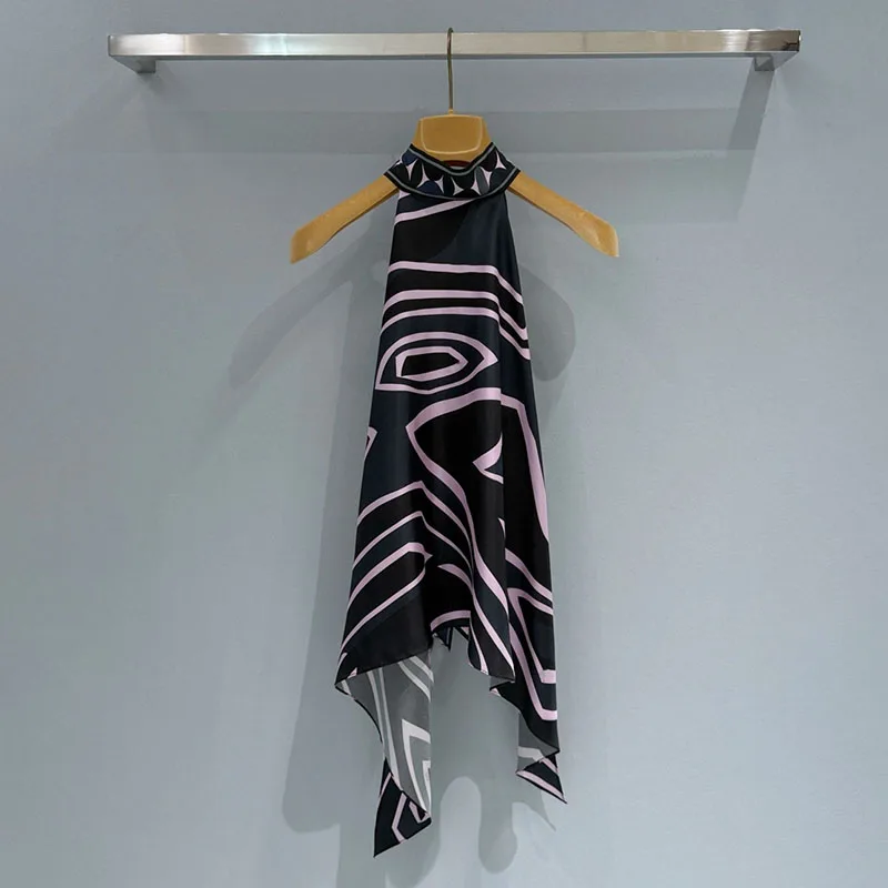 Runway designer women geometric print camisole top, sexy backless date silk top