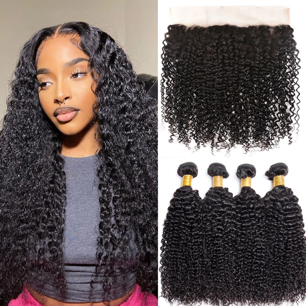 10A Malaysian Hair Bundles With Frontal Kinky Curly Bundles With Frontal Closure 13x4 Ear to Ear Lace Human Hair Weave Extension