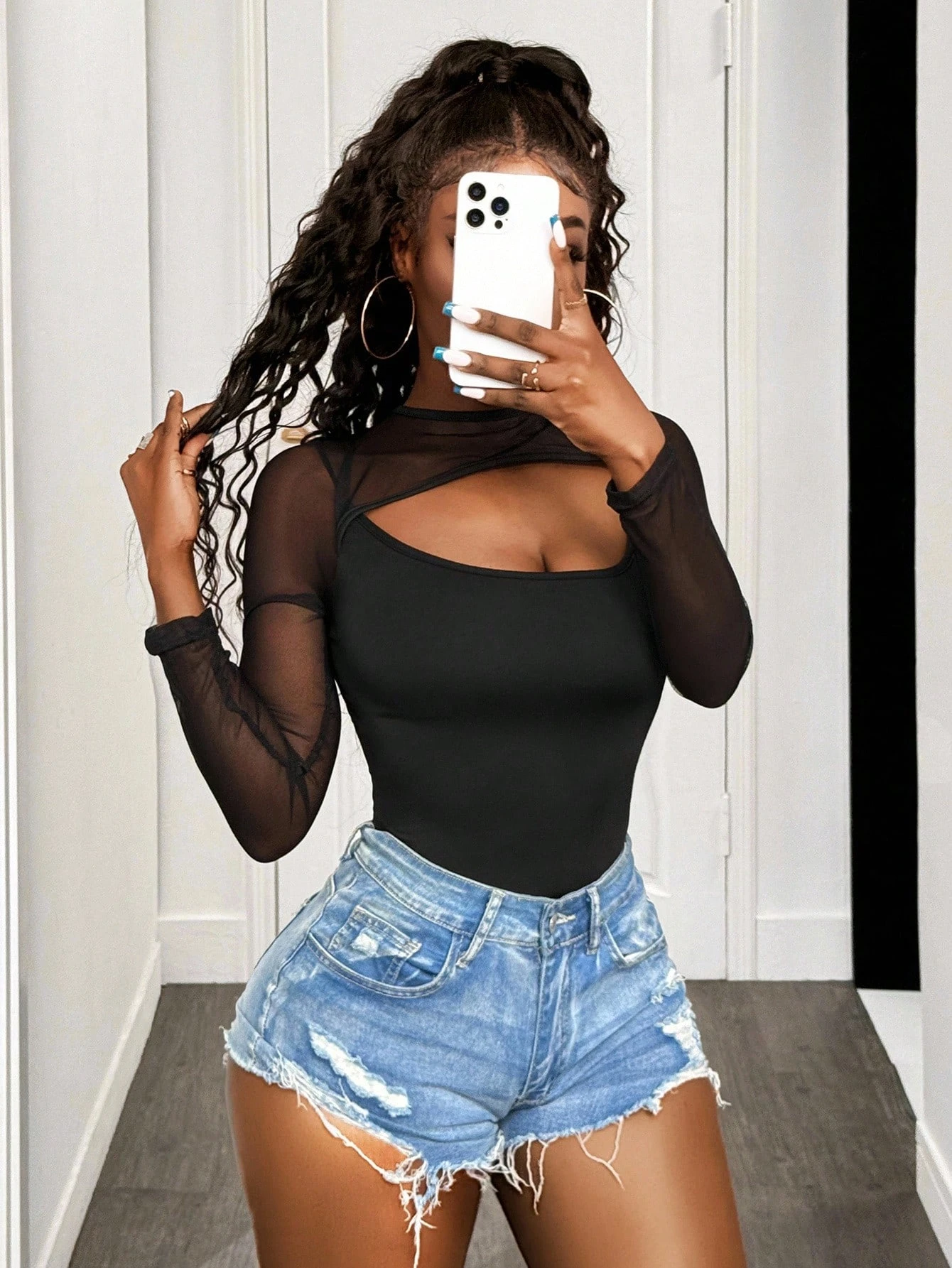 

Women's plus-size solid color mesh patchwork hollow-out long-sleeved jumpsuit, suitable for autumn and winter wear, fashionable