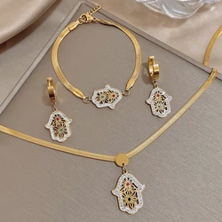 Lucky Fatima Hand Stainless Steel Bracelet Earrings Necklace Khamsah Miriam Hand Charm Wristband Collar Fashion Jewelry Set Gift