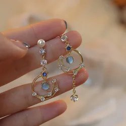 Exquisite Pearl Moon Asymmetric Water Drop Earrings For Women Korean Fashion Butterfly Flower Zircon Earring Wedding Jewelry