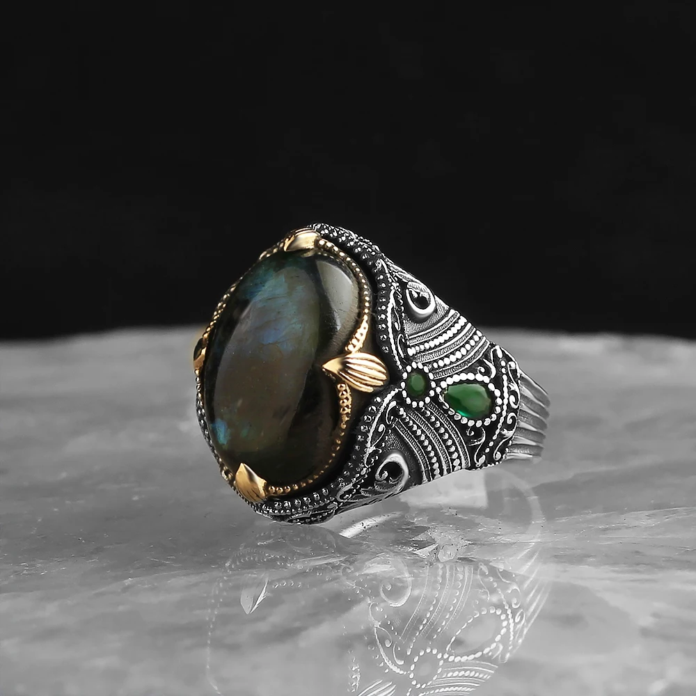 Men's solid 925 sterling silver ring oval natural Peacock Labradorite stone green zircon st high quality gift of jewelry