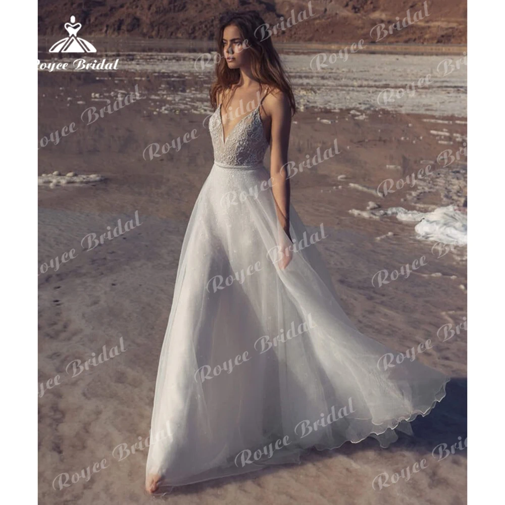 Vestido de novia Sexy con cuello en V y tirantes finos para mujer, Top de encaje con Espalda descubierta, línea A, vestidos de novia