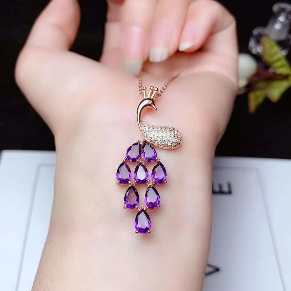 

KJJEAXCMY Boutique Jewelry 925 Pure Silver Natural Amethyst Women's Phoenix Pendant Ring Set Electroplated Rose Gold Party Birth
