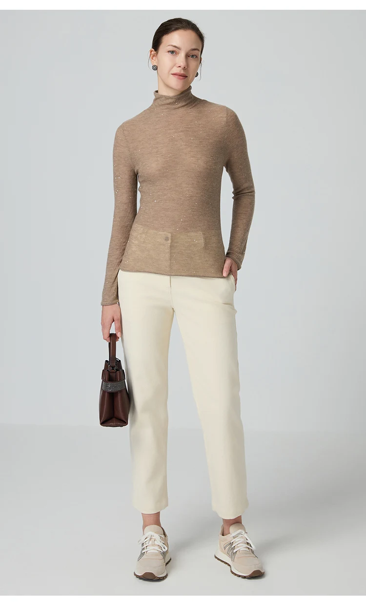 BY3521261 Damen Kaschmir-Mischgewebe Langarm-Strickshirt mit Stehkragen, Glitzergarn, Slim Fit, Leichtgewichtig, Herbstliches Alltags-Oberteil – Detail 13