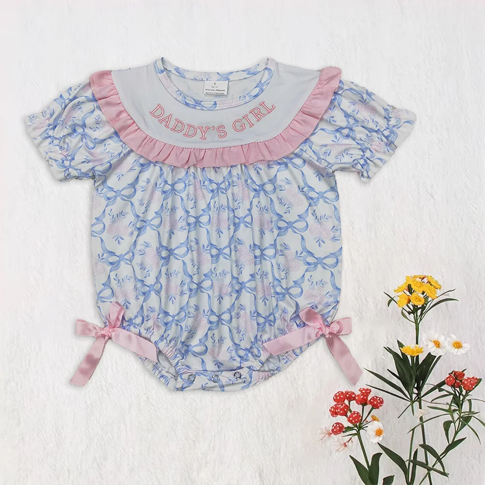 

Wholesale Baby Girl Embroidery Daddy's Bodysuit Newborn Bubble Children Coverall Short Sleeves Toddler Kids Flower Bows Romper