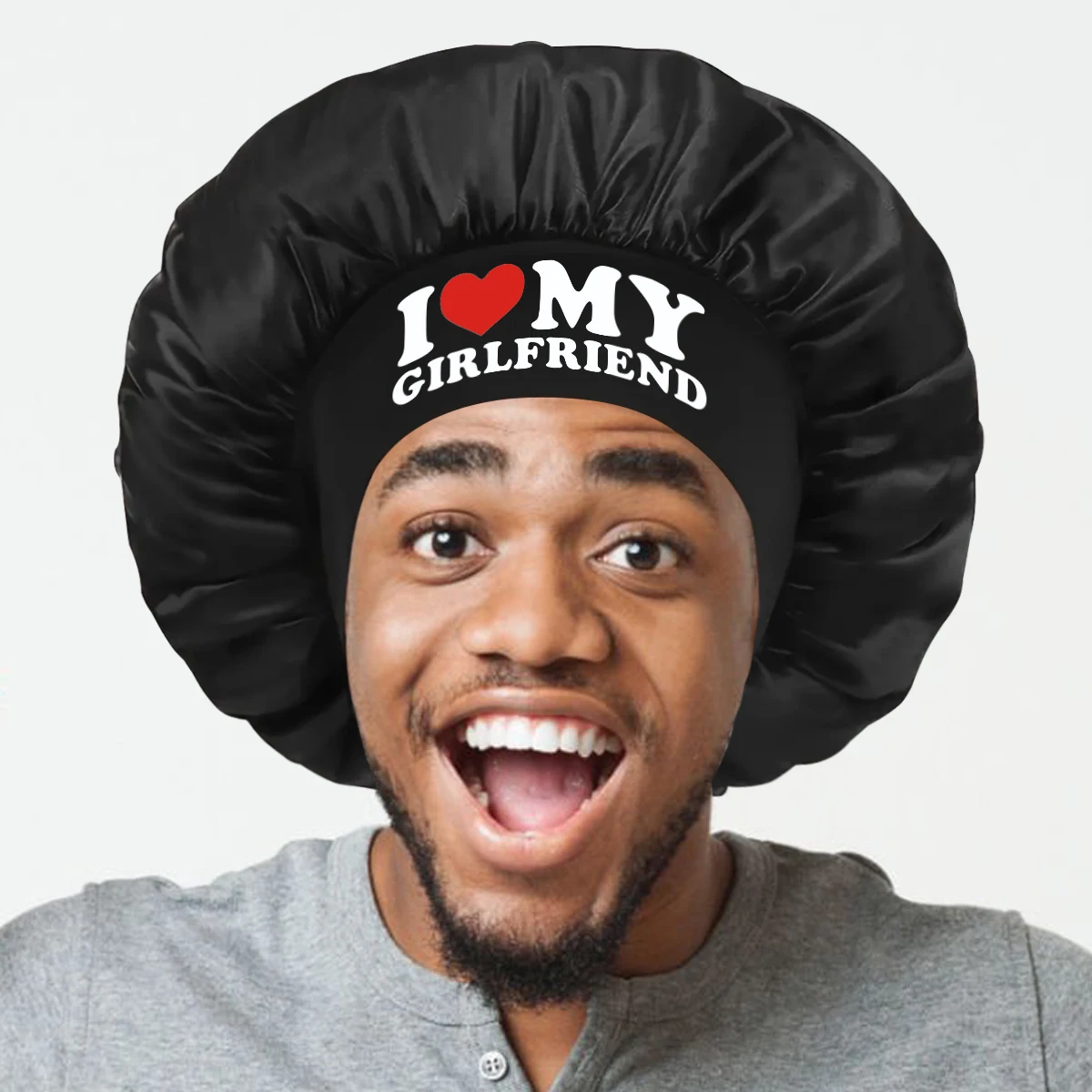 Printed I Love My Girlfriend\' & \'I Love My Boyfriend Satin Sleep Cap with Elastic Wide Band Couples Bonnet