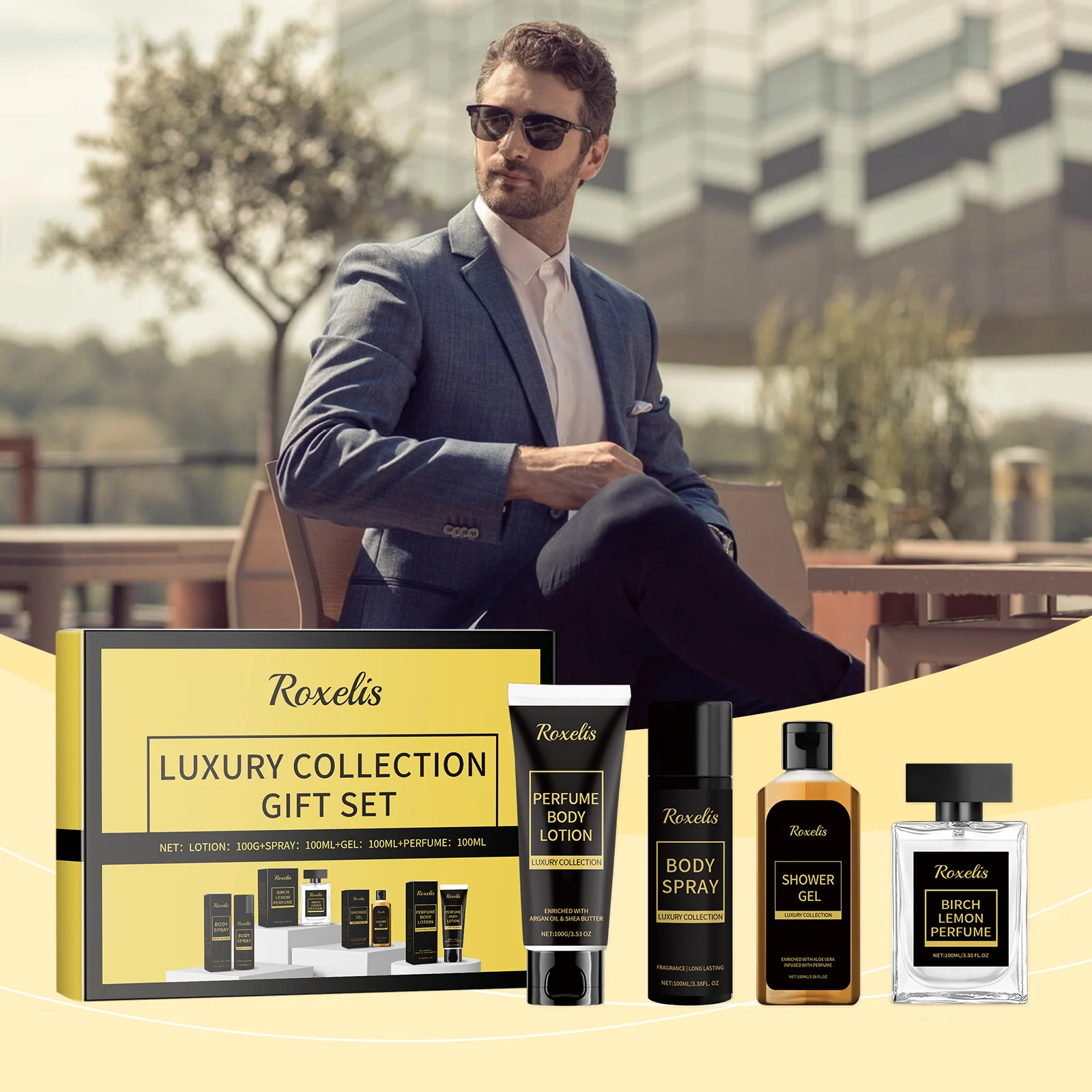 Roxelis 1set Men's Luxury Perfume Gift Set Lasting Fragrance Charming Gentlemen Pheromone Scent Men Glamour Body Wash Care Set