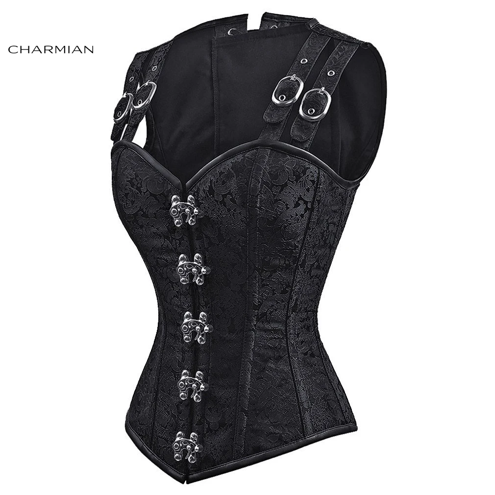 Charmian Steampunk Gothic Steel Boned Corset Vest Womens Vintage Brocade Waist Cincher Overbust Bustier Corset Top with Straps