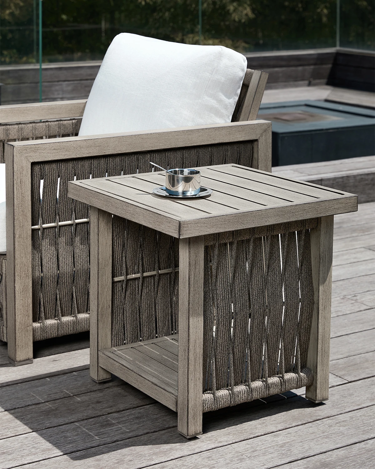 SeeHill Patio Side Table, Square Aluminum Outdoor End Table, Rope Weave 2-Tier Table with Adjustable Legs, Gray Oak Finish