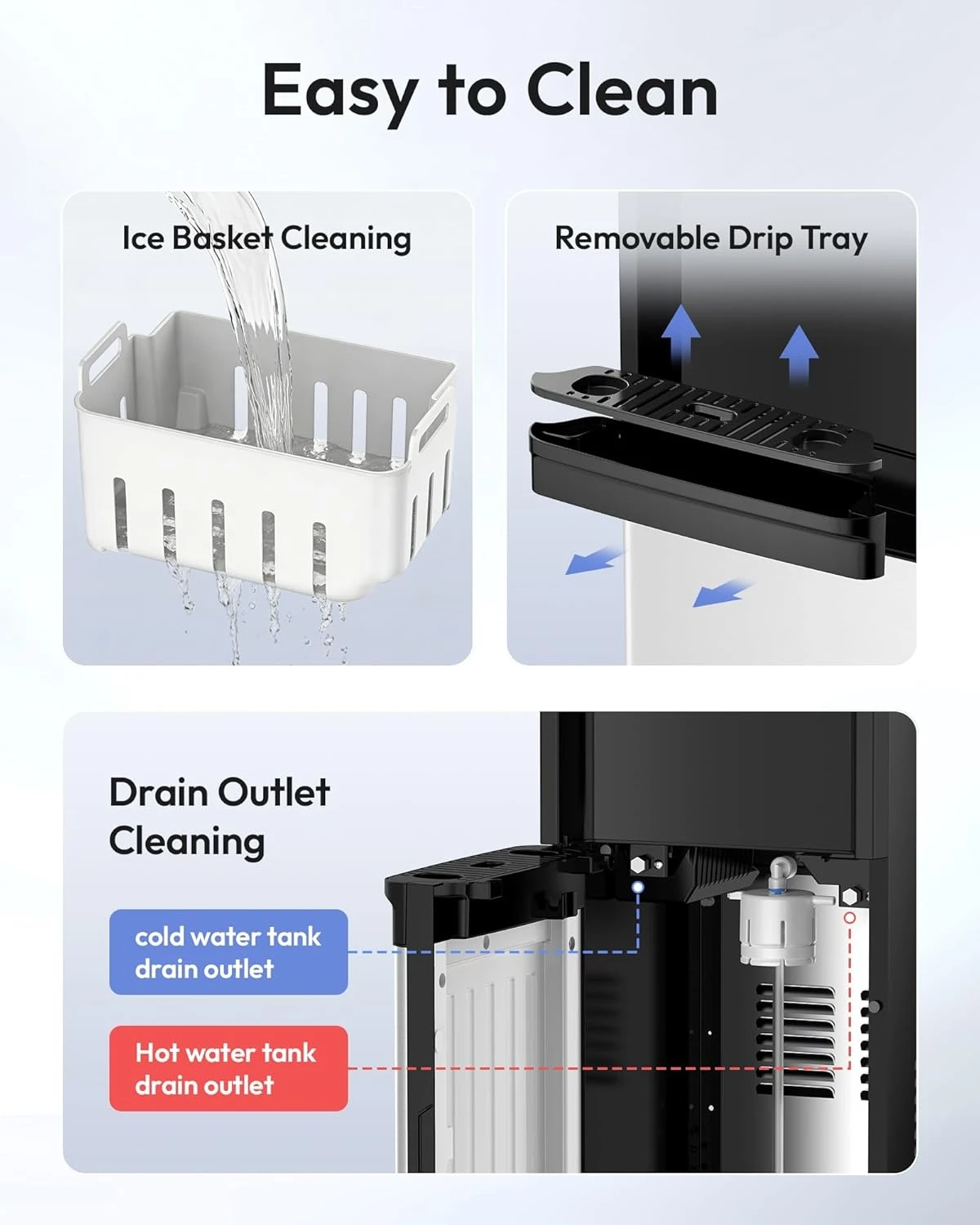 EUHOMY Multi-Functional Water Dispenser & Ice Maker Combo, Bottom Loading Design for Easy Bottle Replacement, Hot/Room Temp/Cold Water Available, Supports 3&5 Gallon Bottles, 33 Lbs Ice per 24 Hours