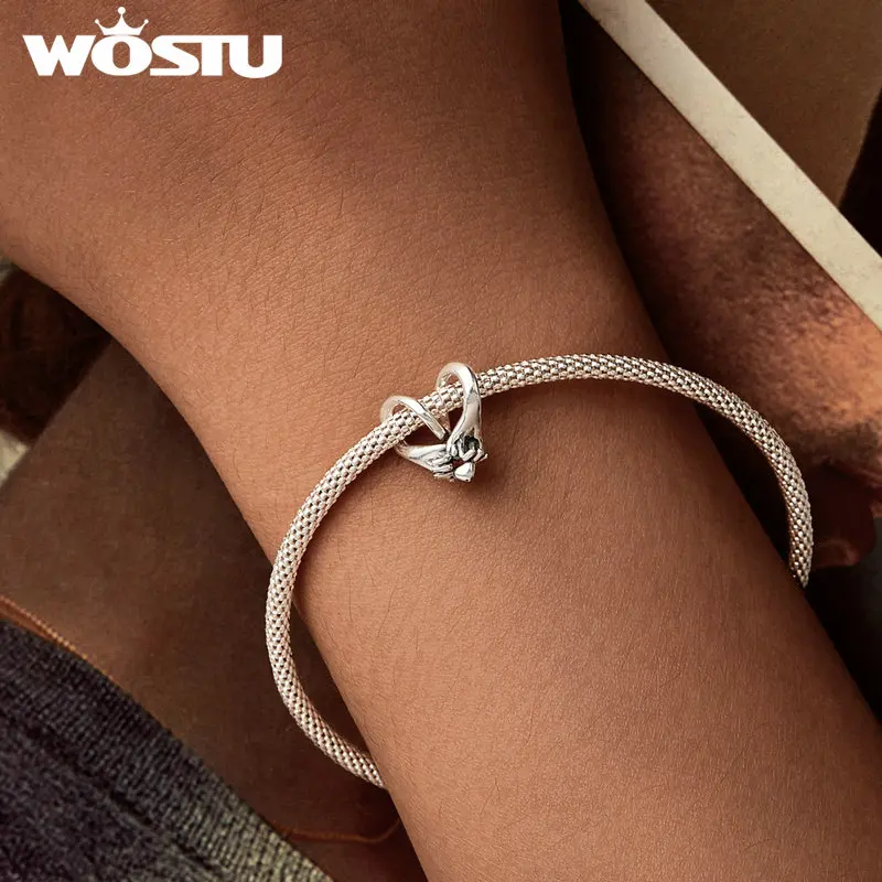 WOSTU 925 Sterling Silver Vintage Hug Heart Charm Prayer Cross Pendant Promise Angle Bead Fit Bracelet Necklace Family DIY Gift