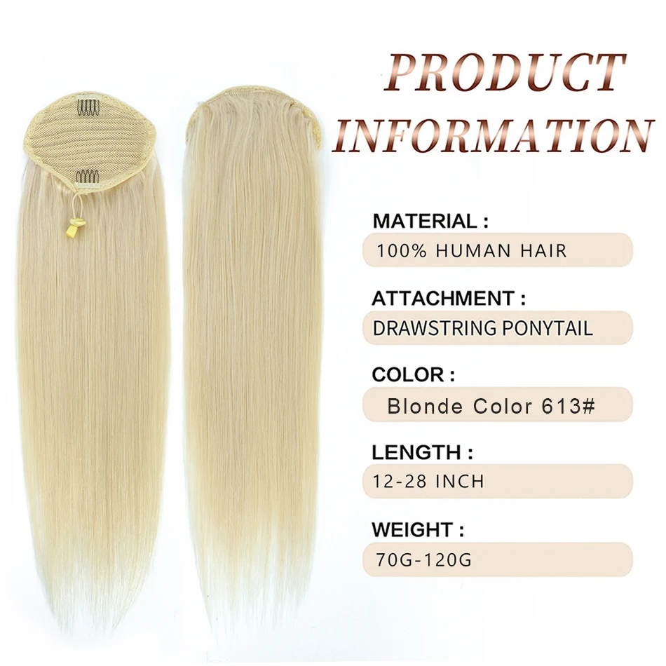 SOVO Drawstring Ponytail Human Hair Straight European Blonde Highlight Real Natural Hair Extensions Clip In Hairpiece Pony Tails