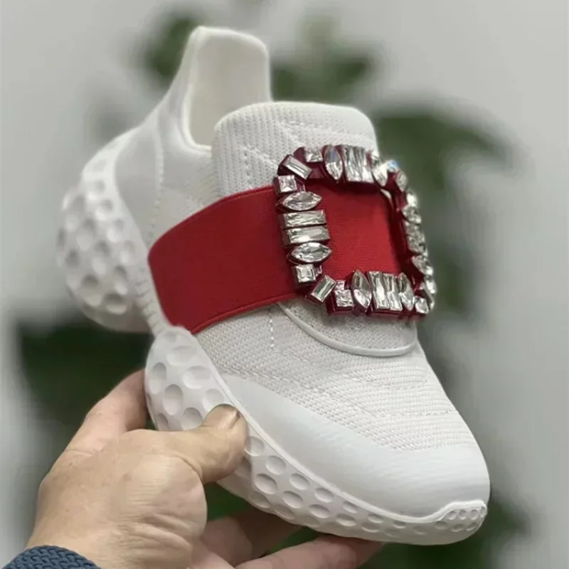 Baskets à plateforme en maille avec boucle en cristal pour femmes, chaussures décontractées vulcanisées, nouveau Style de marque, 2024