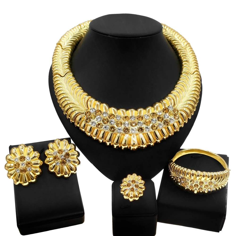 YULAILI Latest Design Gold Plating Necklace and Rhinestone Italian Style Jewelry Set and Nigerian Ladies Prom Jewelry Set