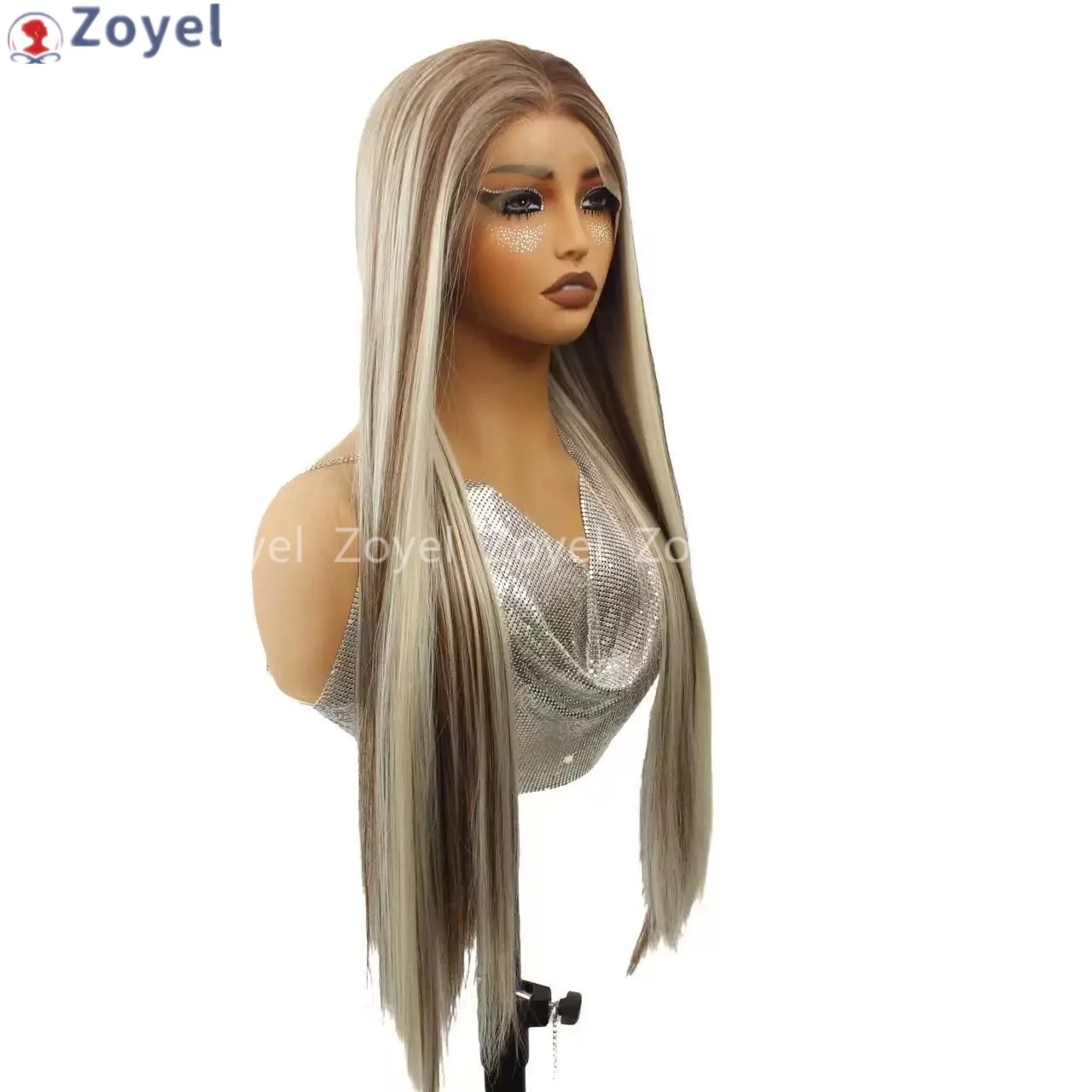 Blonde Highlight Lace Front Wig Long Straight Ombre Brown Blonde 13x4 Synthetic Lace Front Wigs for Women 24 Inches