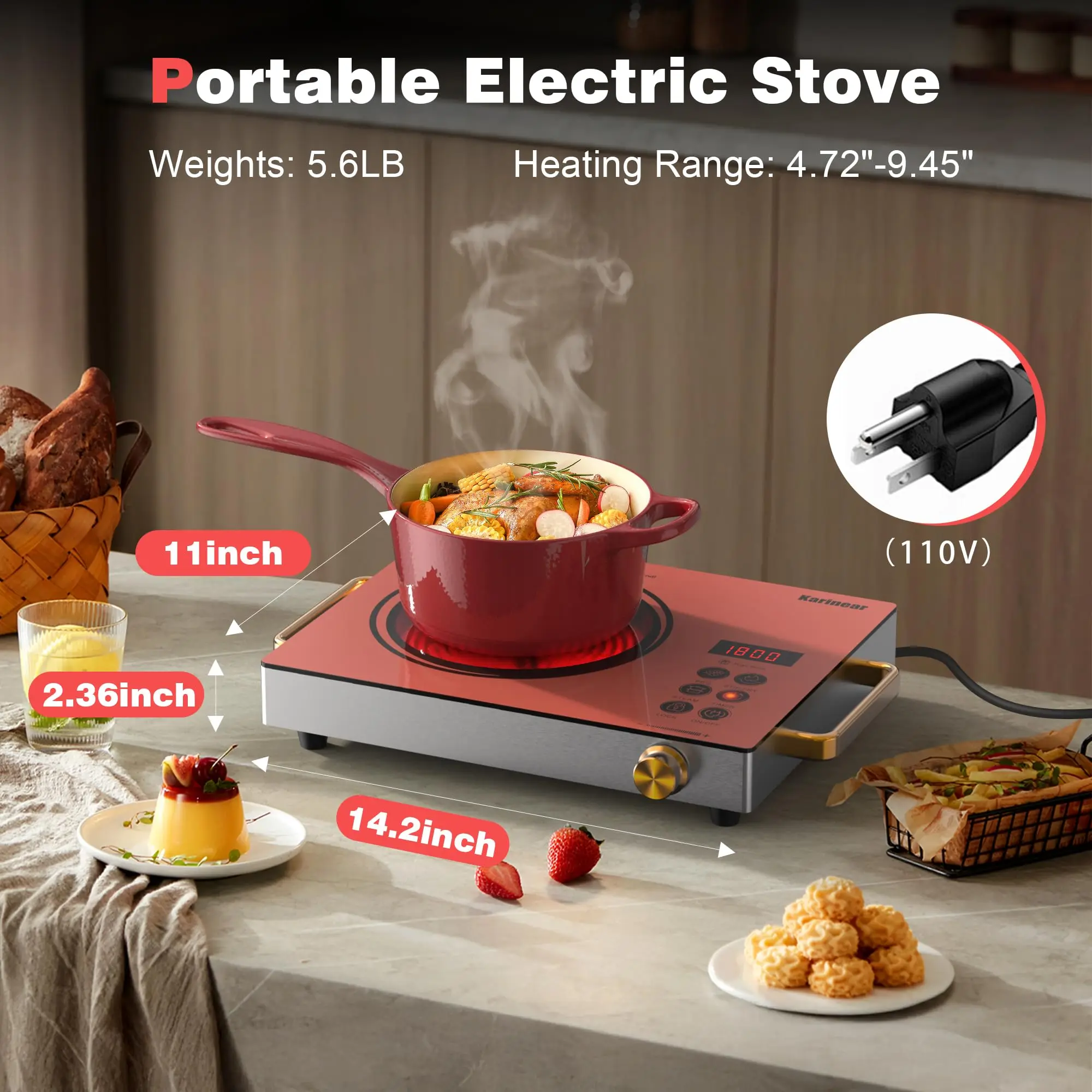 Karinear Portable Electric Stove 110V, 1800W Electric Hot Plate with Handle, Knob Control Single Burner Electri Cooktop, Ceramic Infrared Countertop Burner, Timer, Safety Lock(Pink) view 4