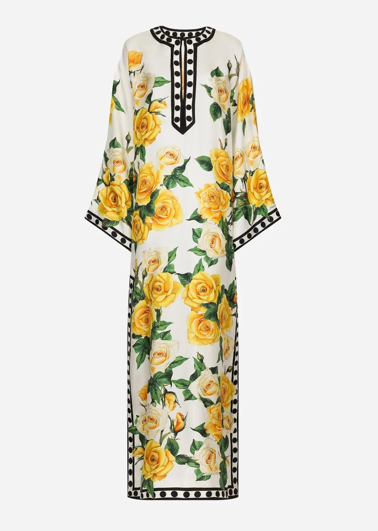 

Luxury Designer Summer Women's Yellow Rose Printed Kaftan Size Plus Long Maxi Dress From Runway Fashion 2024