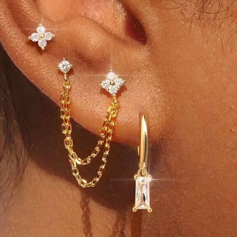 3PCS Neue Mode Vier Zirkon Blume Hoop Ohrring Set Für Frauen Edelstahl Doppel Stud Kette Quaste Huggie Piercing schmuck