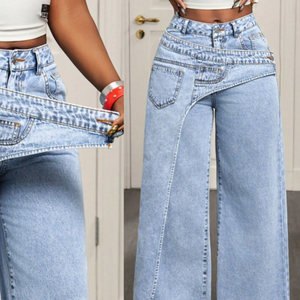 Patchwork Denim Pant Women Jeans Vintage Trendy 2026 Wide Leg High Waist Straight Y2k Irregular Streetwear Splice Loose Trousers