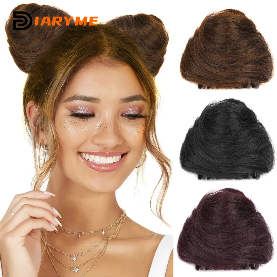 2 PCS Synthetic Claw Clip Chignon Hair Extention For Women Hair Bun Cat Ear Ball Head Hair Accessories Straight Clip-in Bun