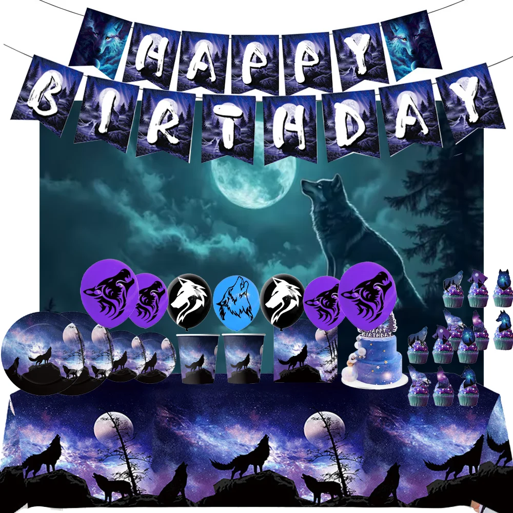Cartoon Arktischer Wolf Themen-Hintergrund Happy Birthday Party Dekoration Vollmond Nacht Einweg-Tischgeschirr Ballons Kindergeschenke