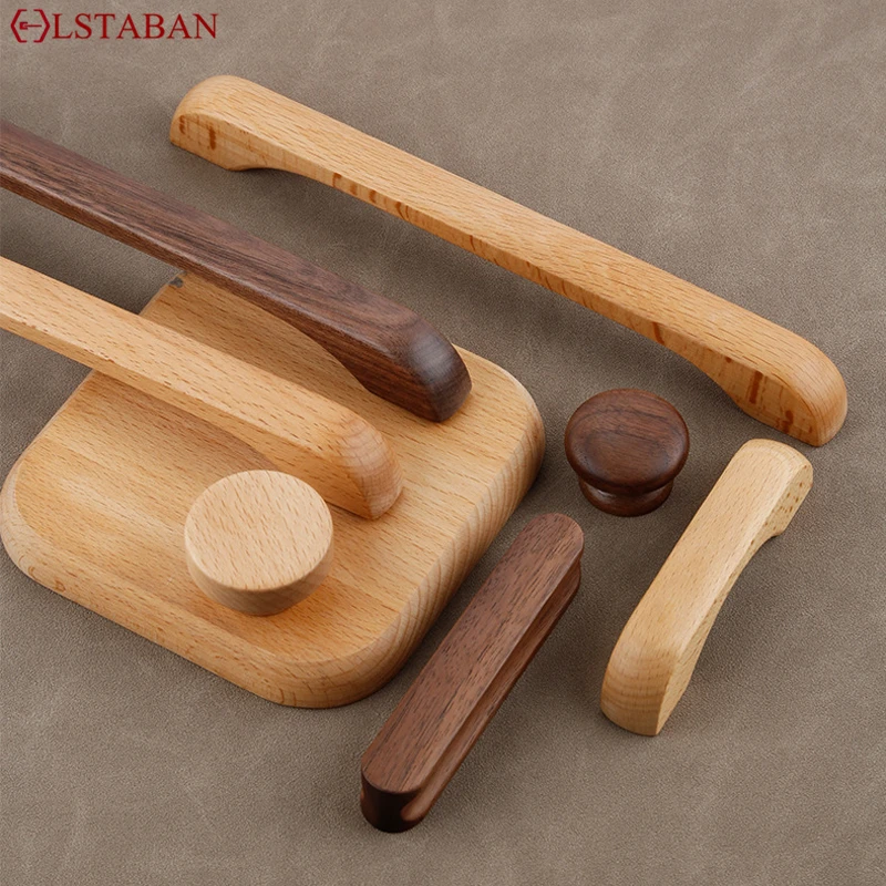 Walnut Beech Kitchen Cabinet Handle Drawer Solid Wood Furniture Door Drawer Round Knob Cupboard Wooden Handle Hardware Long Pull