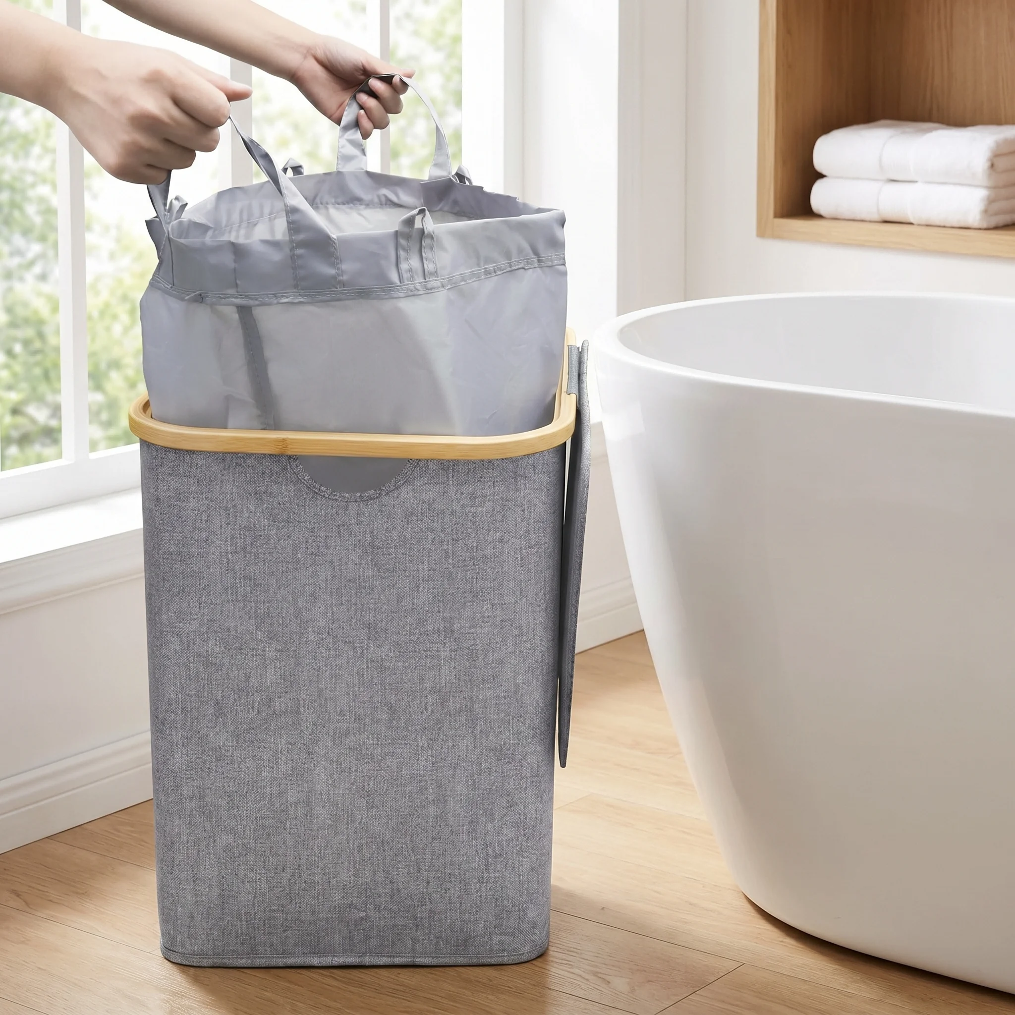 Cesto para Ropa Sucia con Tapa, Cesto Plegable Grande de 100L con Asas de Bambú, Bolsa Oxford Extraíble XXL, Gris - Ahorra Espacio para el Hogar, Lavadero, Almacenamiento de Juguetes