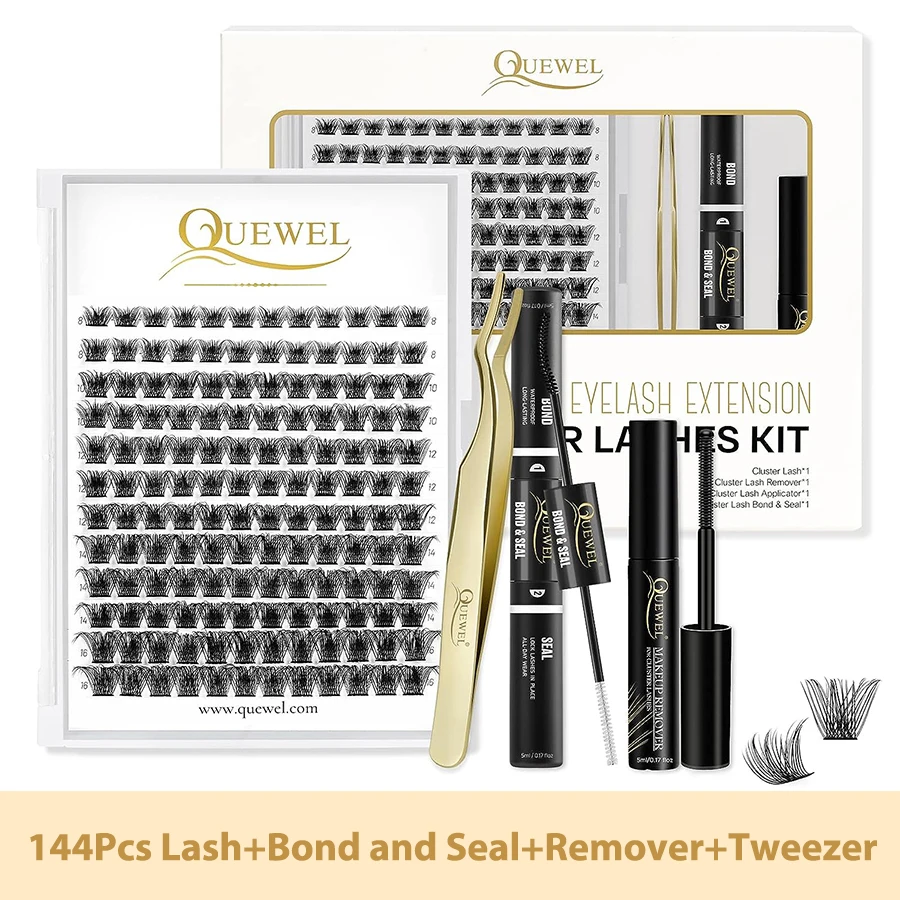 Quewel Diy Lashes Extension Kit 144Pcs Lash Clusters with 72h Long Lasting Bond and Seal Lash Remover Golden Tweezer Easy Apply