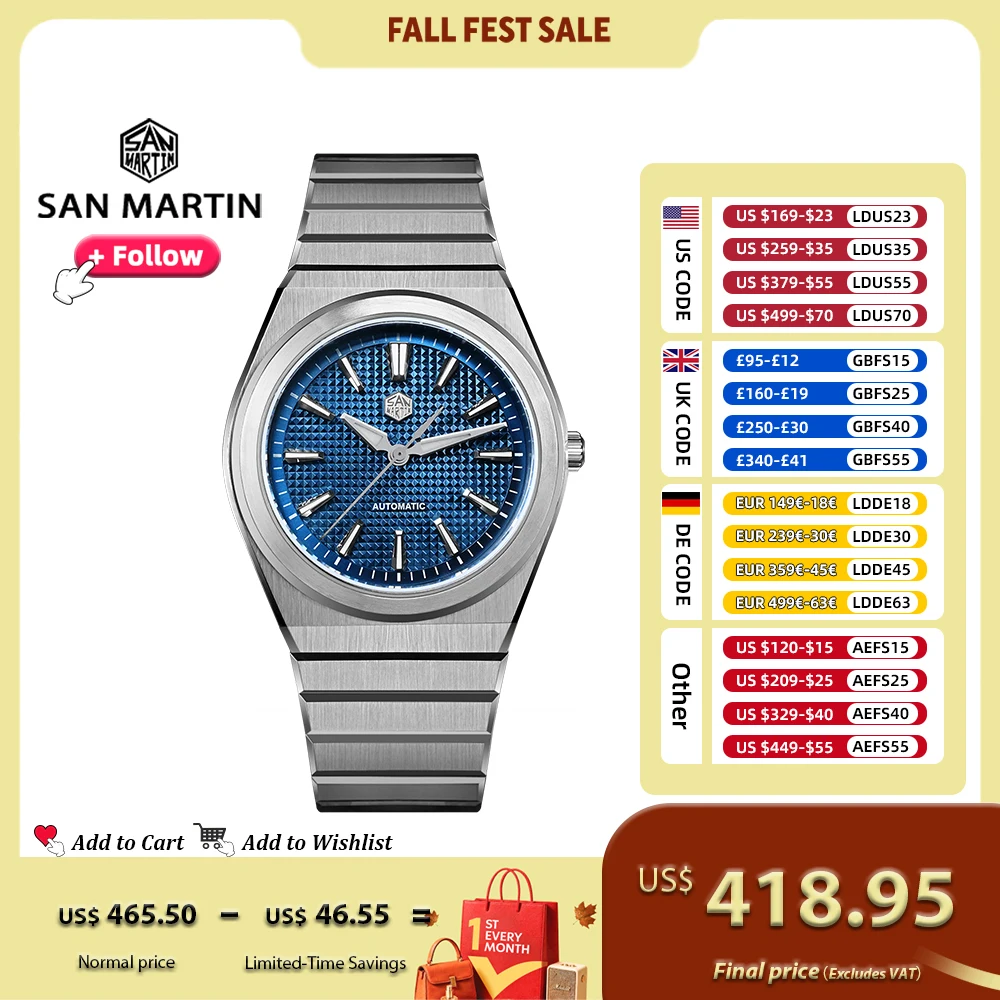 San Martin 40mm SN0152 Luxus-Sportuhr mit Miyota 90S5 Automatikwerk, Waffelzifferblatt, integriertem Armband und durchsichtigem Gehäuseboden – Herrenuhren