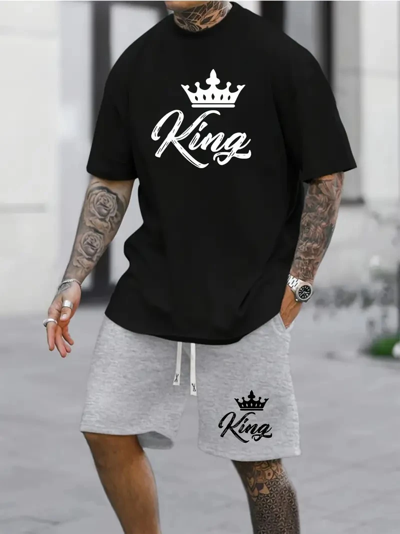 Men's T-shirt and Shorts Set King Print Men's Clothing Casual Fashion Street Short Sleeve Shorts 2 Piece Oversized Sportswear