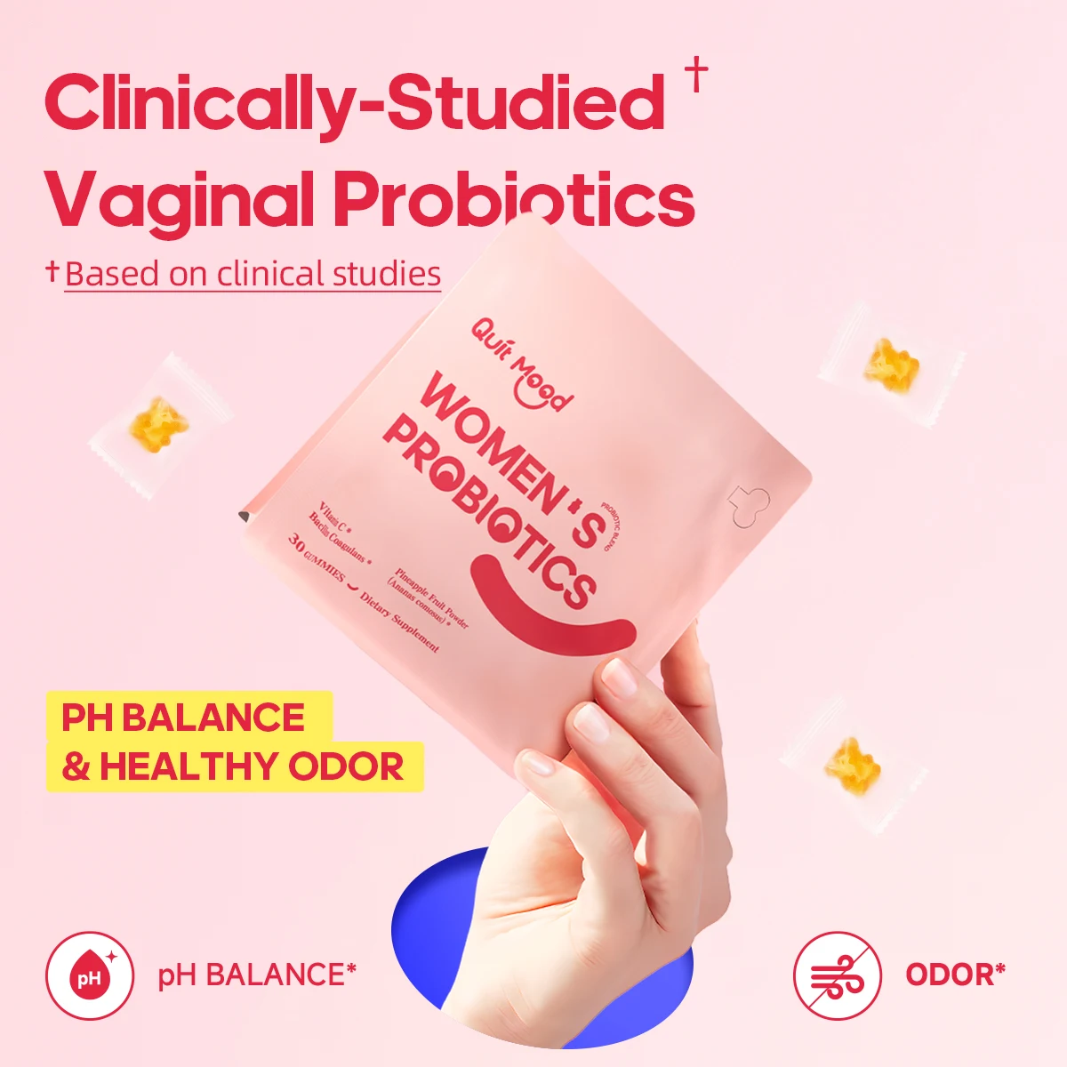 Quitmood Probióticos femeninos Ph Balance Gummies -Ananas hawaianas - paquete individual vitamina C