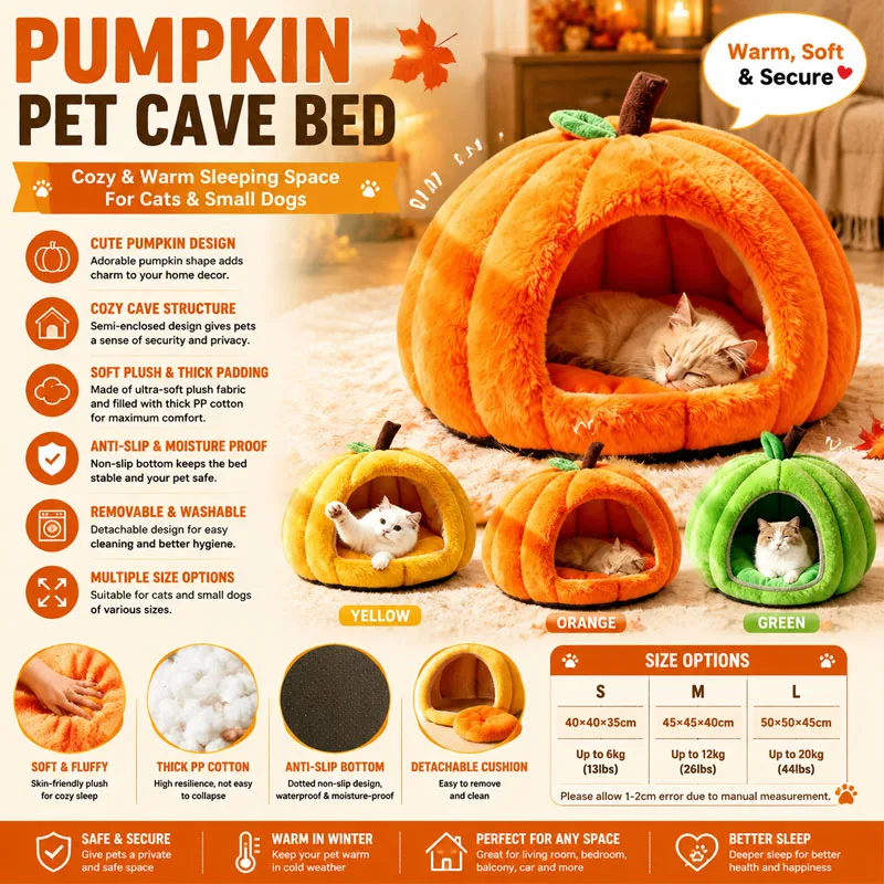 Kürbis-Haustierhöhle, warmes Plüsch-Katzenhaus, waschbares Kissen, rutschfestes Winter-Katzenbett, kleiner Hundezwinger, Halloween-Haustier-Schlafplatz