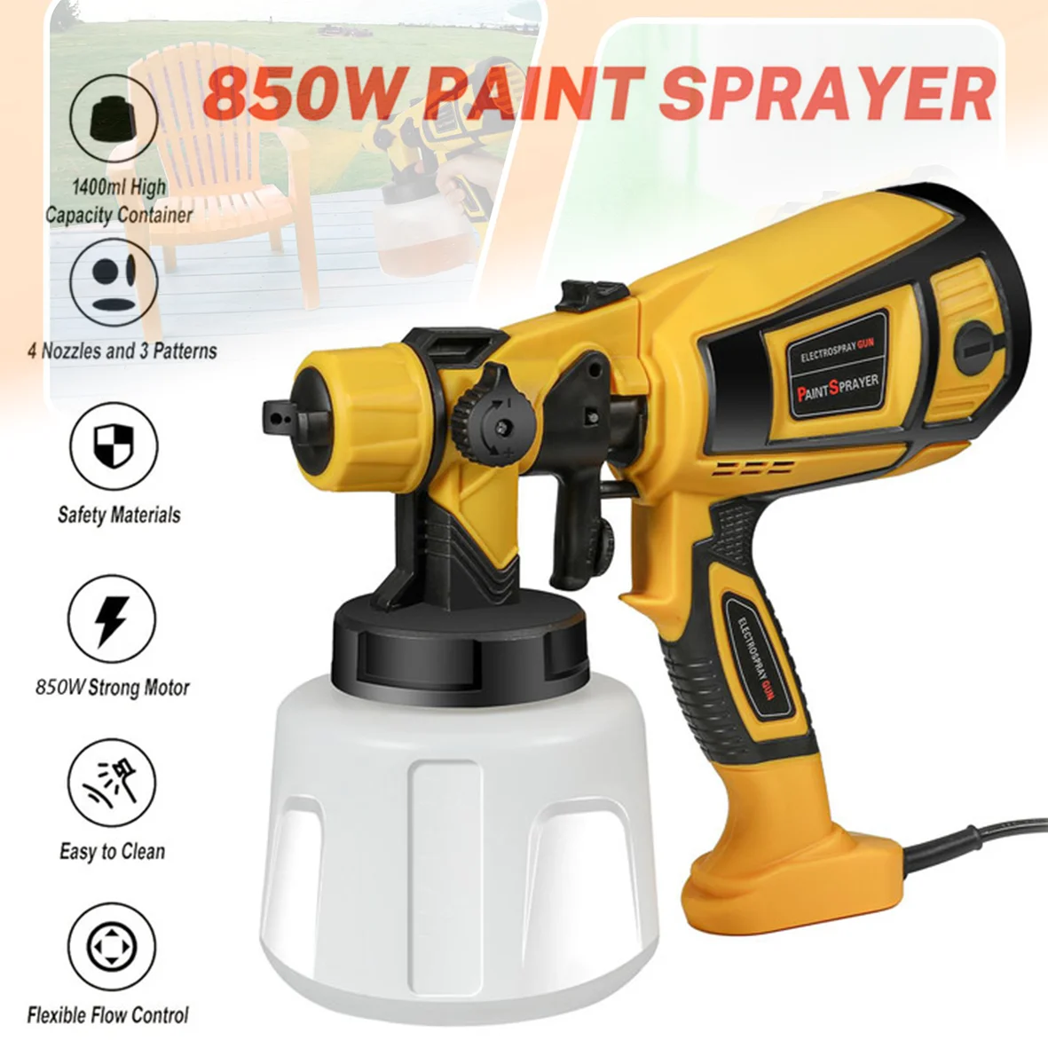 Pistola de Pintura Eléctrica Inalámbrica de 1400 ml y 850 W, Pulverizador de Pintura para Automóviles, Muebles y Revestimientos de Acero, Compatible con Aerógrafo, Batería no Incluida