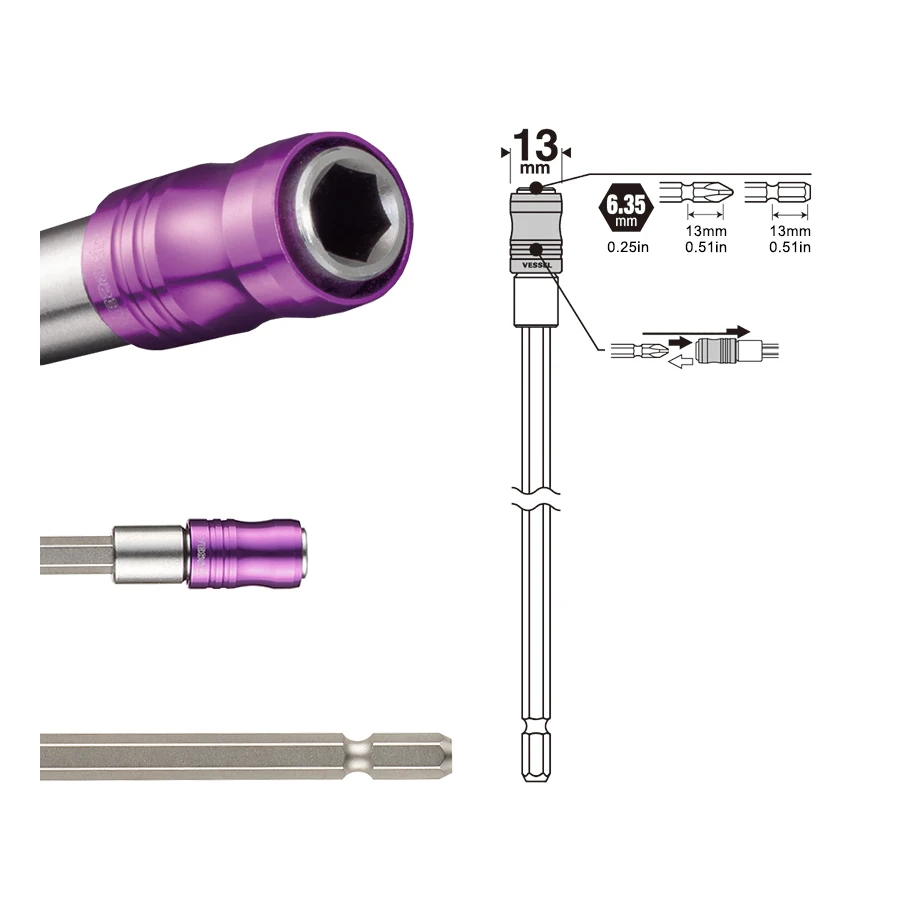 VESSEL DXH EXH Series Slim Long Bit Holder Compatible with Electric Tools 100/150/200/250/350/450/600mm Power Tool Accessories