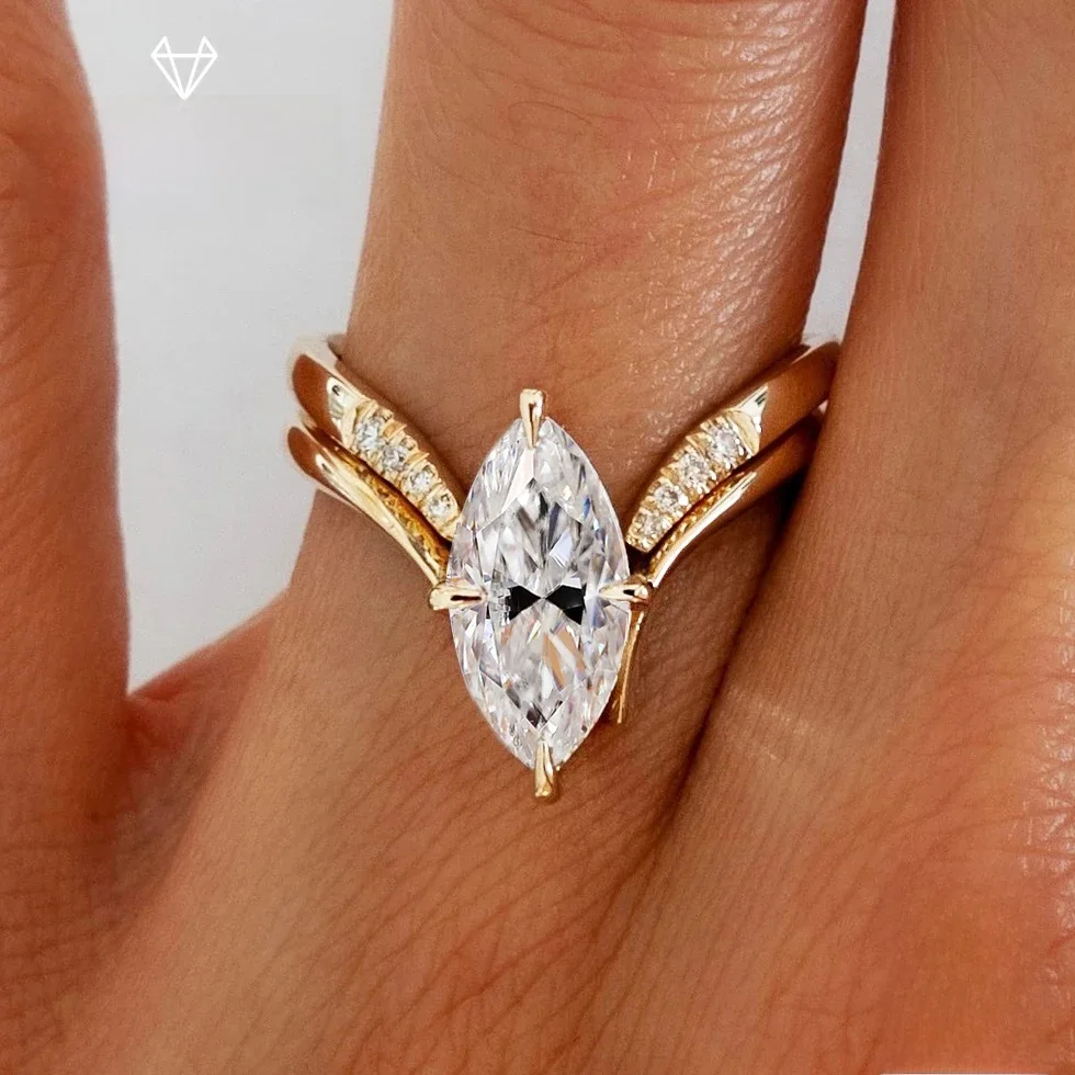 BXINY Marquise Cut Moissanite Ring Set S925 Zilveren Plaat 18K Goud voor Vrouwen GRA Gecertificeerde Lab Diamond Wedding Band geschenken Sieraden - afbeelding 2