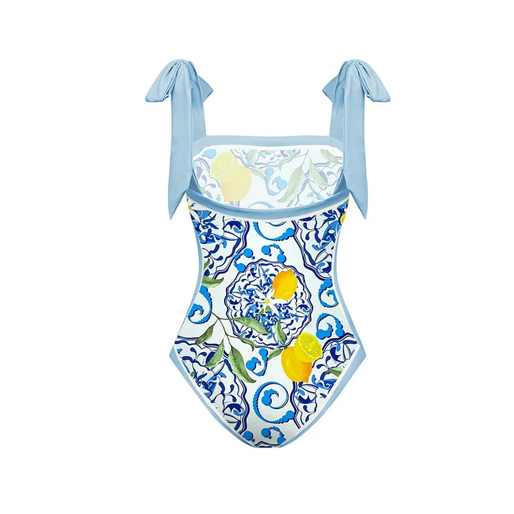 2023 Nieuwe Retro Lemon Bloemenprint Sling Eendelig Badpak En Sarong Vrouwen Badmode Strandkleding Zomer Luxe Monokini Bathin