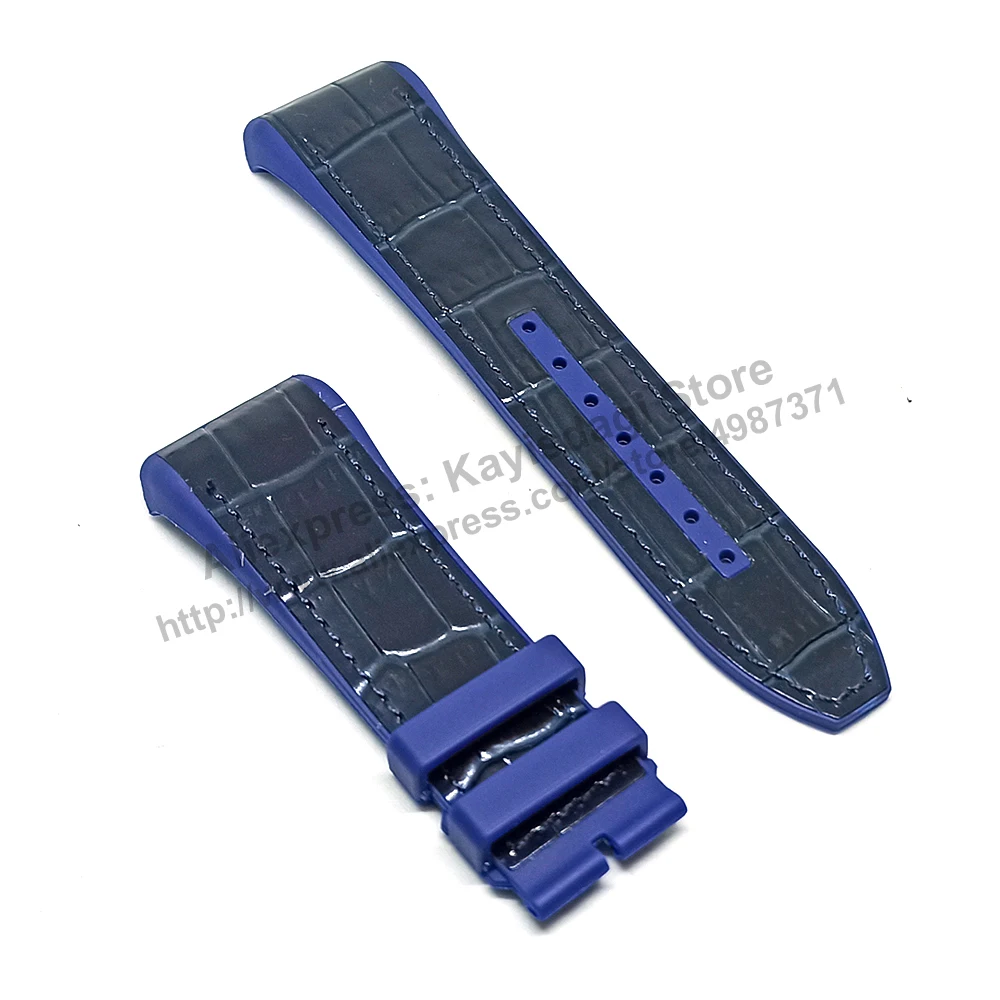 28mm Black Genuine Leather On Black and Navy Blue Rubber Silicone Watch Band Strap Compatible For Franck Muller V45